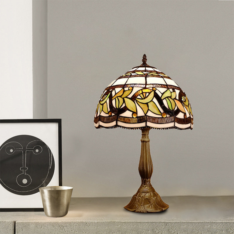 Samantha - Head 1 Head Dome Table Lamp Baroque Style Yellow/Green/Orange Stained Glass Nightstand Lamp with Leaf/Flower Pattern