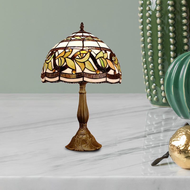 Baroque Style Stained Glass Table Lamp - Yellow/Green/Orange Dome Design With Leaf/Flower Pattern