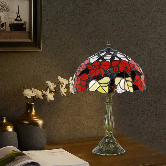 Victorian 1-Light Red/Brown Flower Patterned Cut Glass Table Lamp For Bedside Red