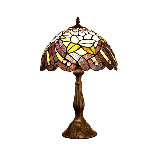 Victorian 1-Light Red/Brown Flower Patterned Cut Glass Table Lamp For Bedside