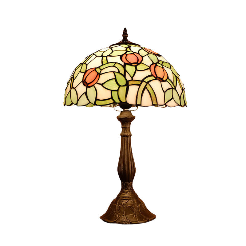 Mediterranean Bronze Tulip Patterned Nightstand Lamp With Stained Glass Shade