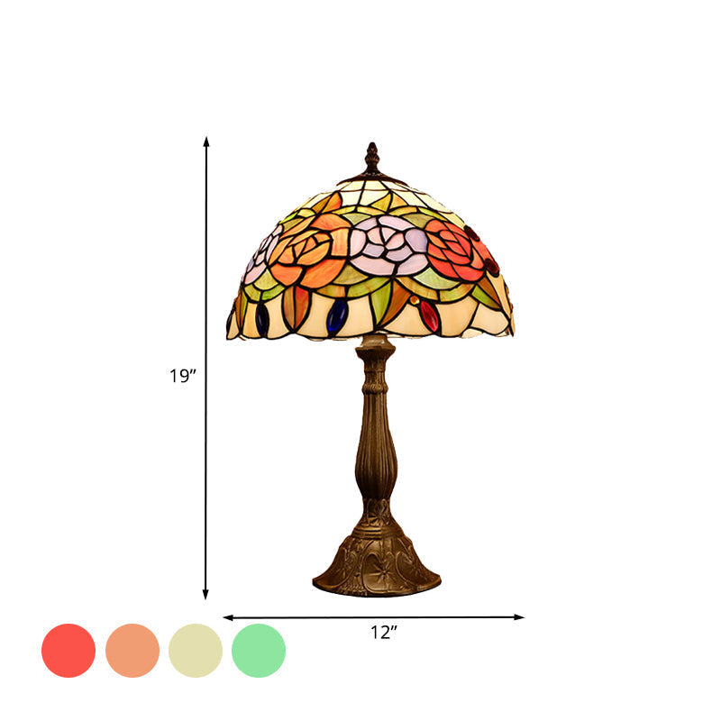 Baroque Blossom Stained Art Glass Nightstand Light With Domed Design - 1 Bulb Red/Beige/Green