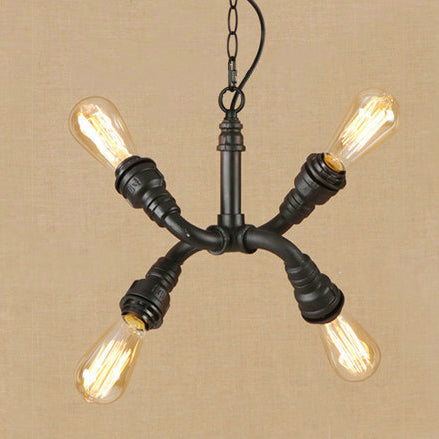 Industrial Iron Chandelier Pendant Light with Water Pipe - Stylish Bare Bulb Lamp (4-Light, Black)