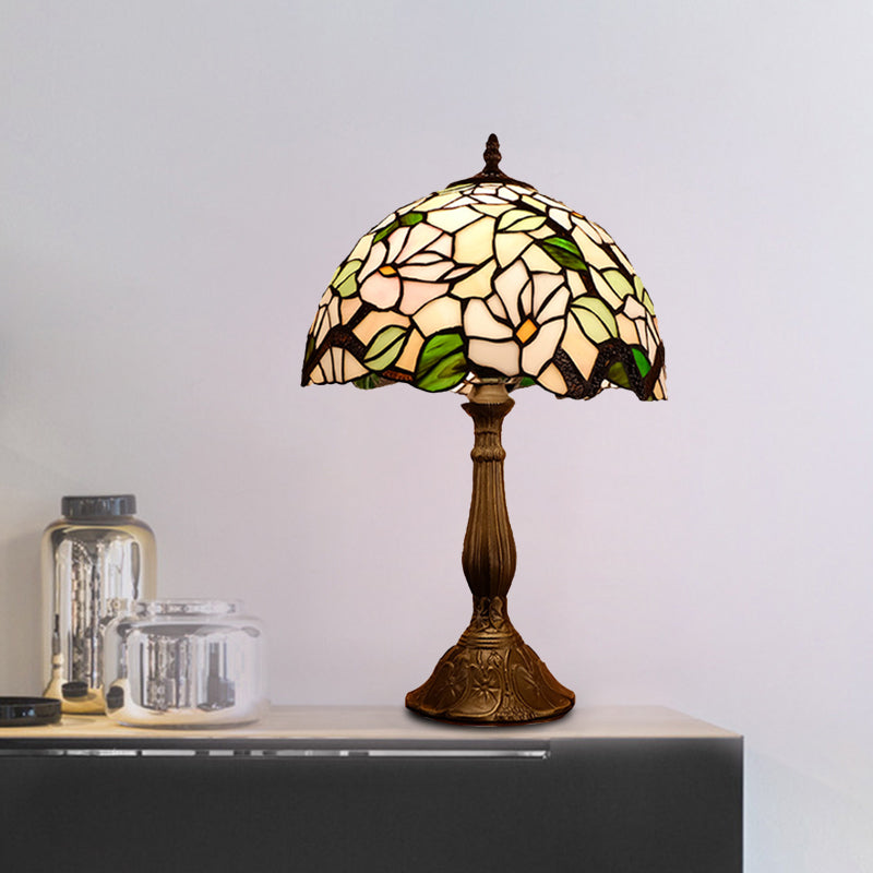 Baroque Blossom Stained Art Glass Nightstand Light With Domed Design - 1 Bulb Red/Beige/Green