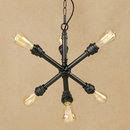 Industrial Sputnik Pendant Chandelier in Black with 6-Light & Water Pipe Detail