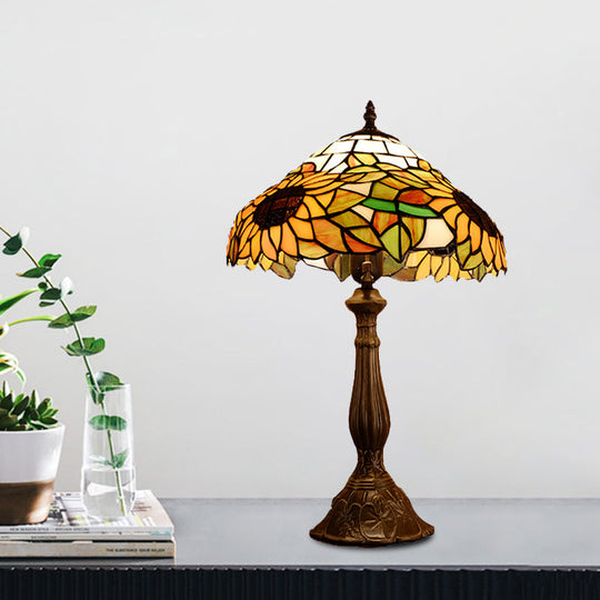 Hand Cut Glass Baroque Bowl Table Light With Sunflower Pattern - Yellow/Orange Nightstand Lighting