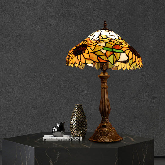 Arrakis - Baroque Baroque Bowl Shade Table Light 1-Bulb Hand Cut Glass Sunflower Patterned Nightstand Lighting in Yellow/Orange