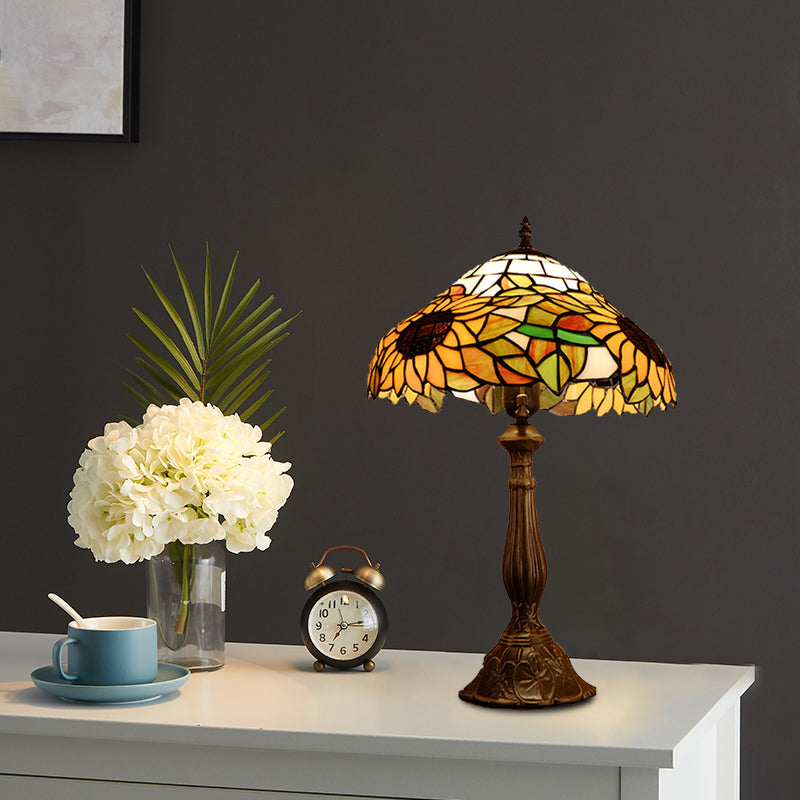 Hand Cut Glass Baroque Bowl Table Light With Sunflower Pattern - Yellow/Orange Nightstand Lighting