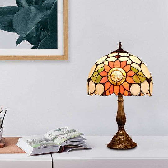 1-Head Bronze Mediterranean Nightstand Lamp With Hand-Cut Glass Shade And Sunflower Pattern