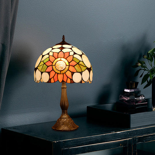 1-Head Bronze Mediterranean Nightstand Lamp With Hand-Cut Glass Shade And Sunflower Pattern