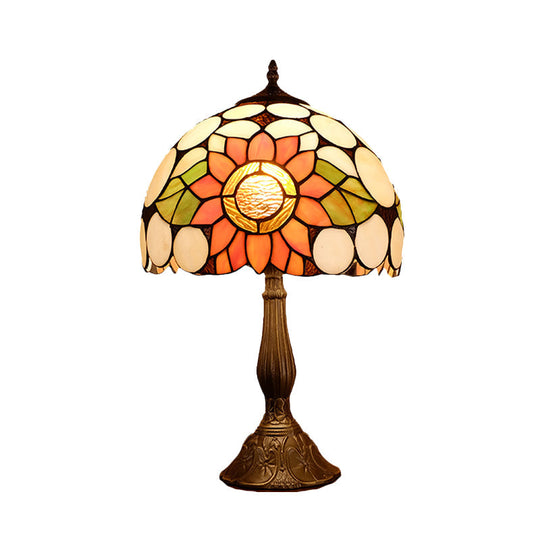 1-Head Bronze Mediterranean Nightstand Lamp With Hand-Cut Glass Shade And Sunflower Pattern