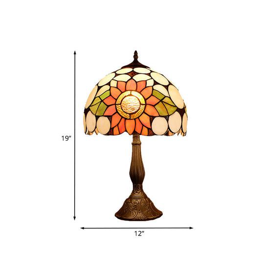 1-Head Bronze Mediterranean Nightstand Lamp With Hand-Cut Glass Shade And Sunflower Pattern