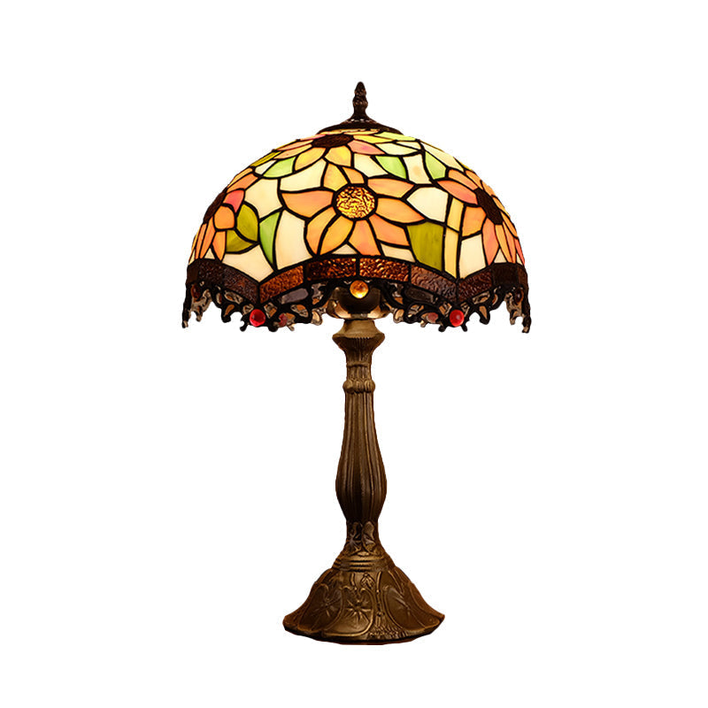 Baroque Bronze Stained Art Glass Nightstand Light For Bedroom - Scalloped 1-Light Floral Patterned