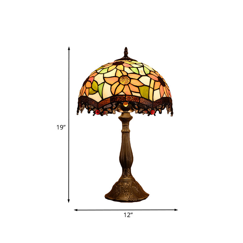 Baroque Bronze Stained Art Glass Nightstand Light For Bedroom - Scalloped 1-Light Floral Patterned