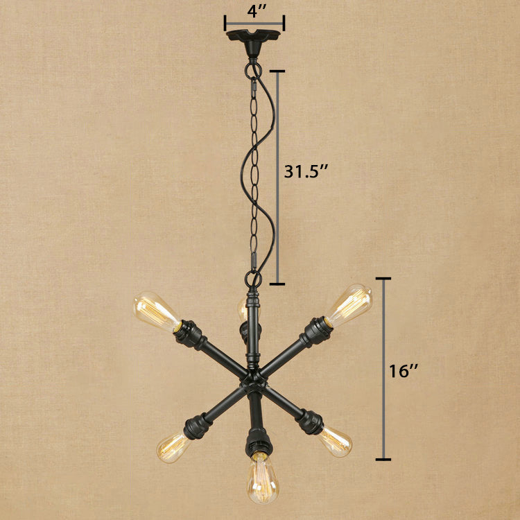 6-Light Industrial Style Sputnik Pendant Chandelier With Water Pipe Design In Black