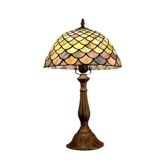 Baroque Bronze Table Lamp With Hand Cut Glass Dome And Scale Pattern