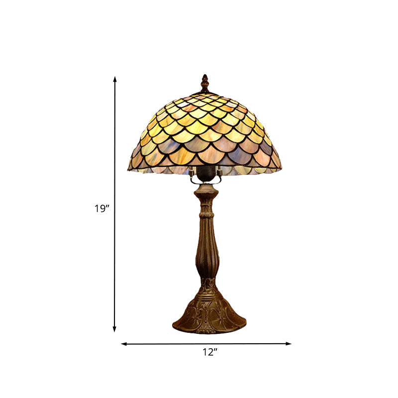 Baroque Bronze Table Lamp With Hand Cut Glass Dome And Scale Pattern