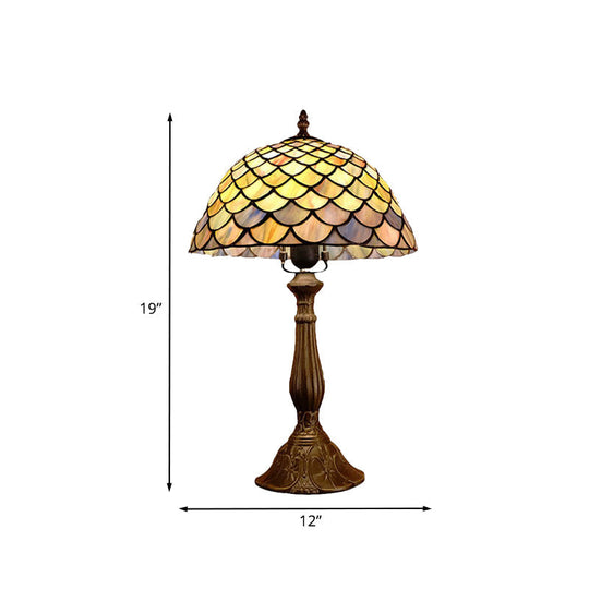 Baroque Bronze Table Lamp With Hand Cut Glass Dome And Scale Pattern