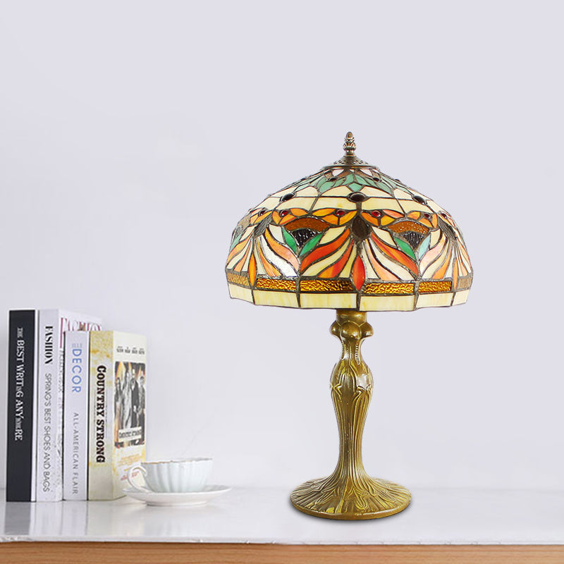 Victorian Cut Glass Nightstand Lamp With Fish Pattern - Bronze Dome Shade 1-Bulb Night Table Light