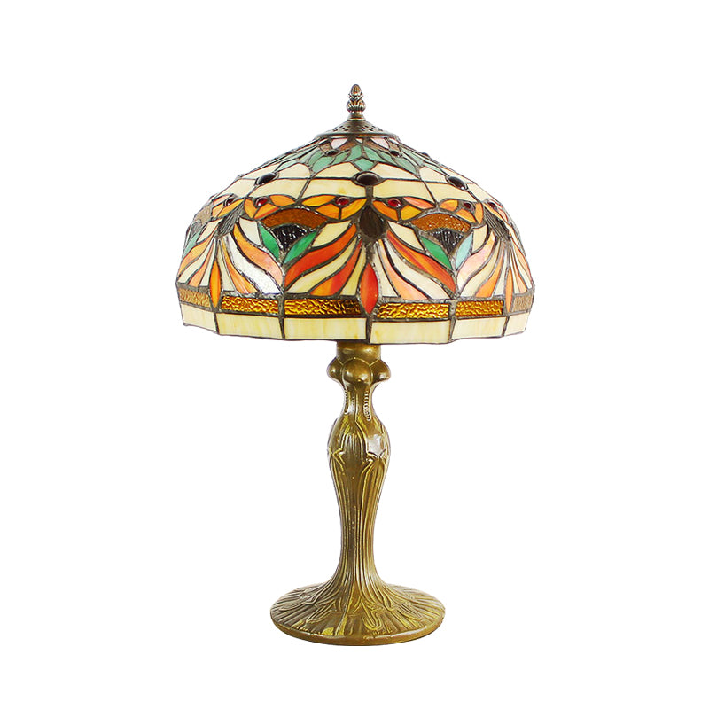 Victorian Cut Glass Nightstand Lamp With Fish Pattern - Bronze Dome Shade 1-Bulb Night Table Light