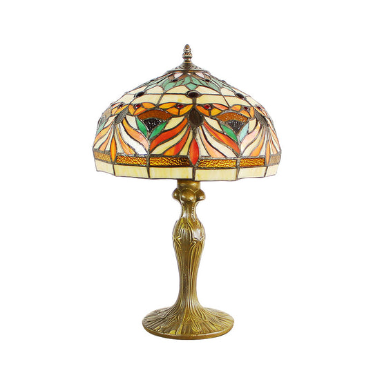 Victorian Cut Glass Nightstand Lamp With Fish Pattern - Bronze Dome Shade 1-Bulb Night Table Light