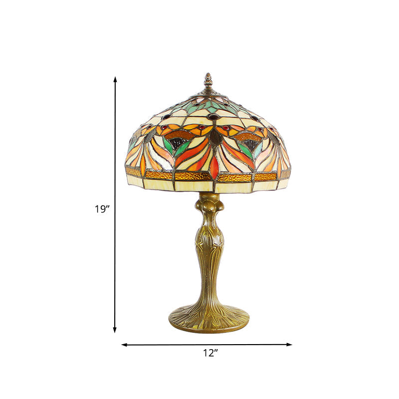 Victorian Cut Glass Nightstand Lamp With Fish Pattern - Bronze Dome Shade 1-Bulb Night Table Light