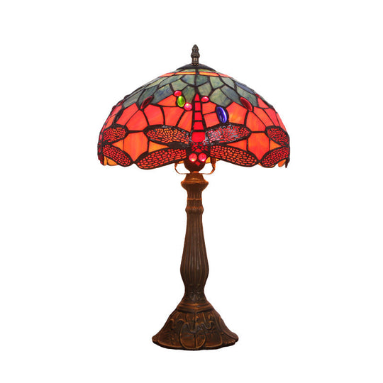 Dragonfly Patterned Tiffany Stained Glass Nightstand Light In Bronze