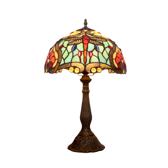 Mediterranean Bronze Domed Table Lamp - Hand Cut Glass Dragonfly Patterned Night Light