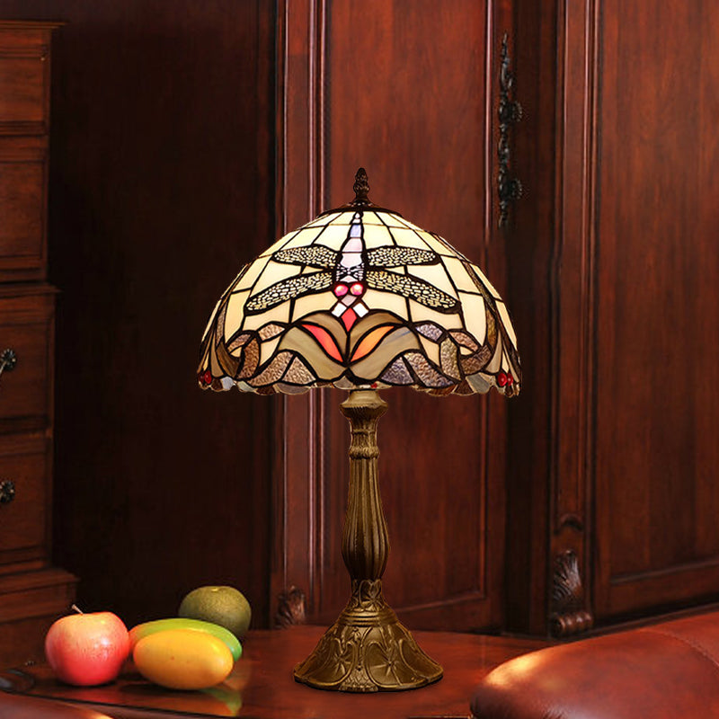 Dragonfly Table Light: Baroque 1-Light Stained Glass Night Lamp In Bronze With Bowl Shade