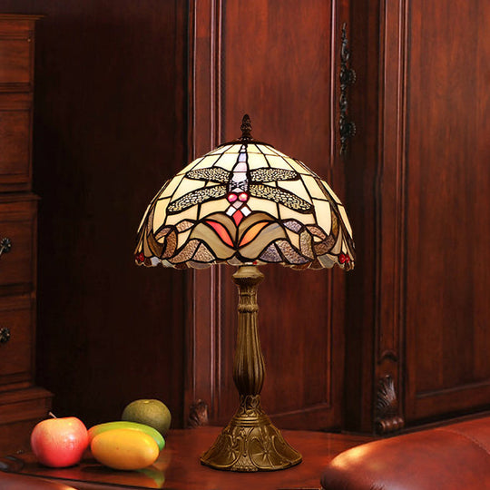 Dragonfly Table Light: Baroque 1-Light Stained Glass Night Lamp In Bronze With Bowl Shade