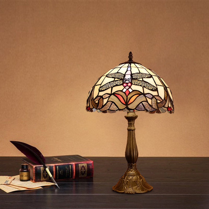 Dragonfly Table Light: Baroque 1-Light Stained Glass Night Lamp In Bronze With Bowl Shade