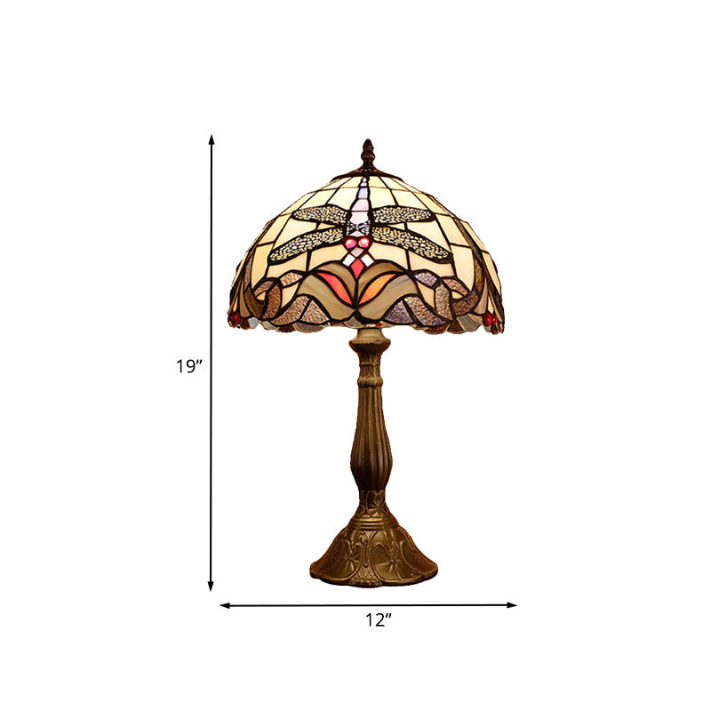 Dragonfly Table Light: Baroque 1-Light Stained Glass Night Lamp In Bronze With Bowl Shade