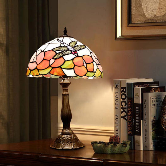 Bronze Tiffany Stained Art Glass Dome Table Night Light - Flower & Dragonfly Patterned 1-Light