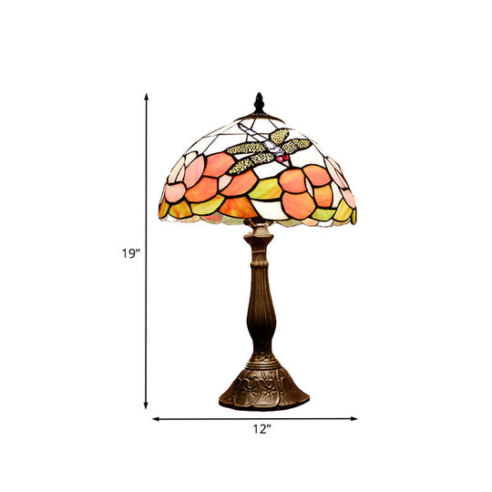 Bronze Tiffany Stained Art Glass Dome Table Night Light - Flower & Dragonfly Patterned 1-Light