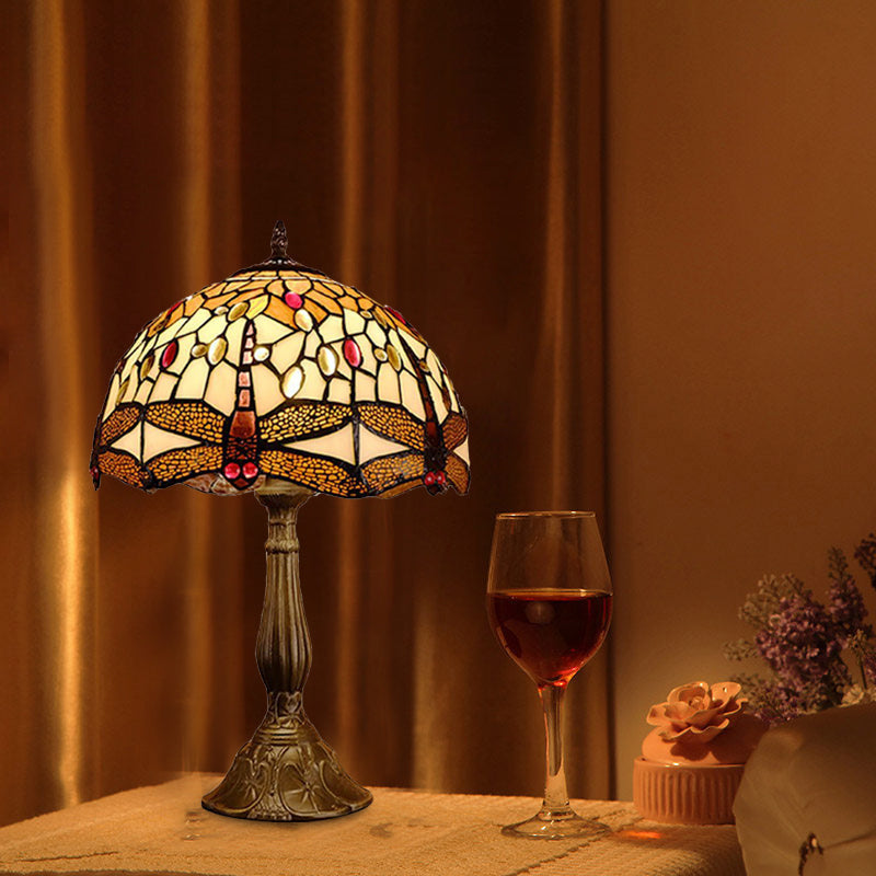 Mediterranean Bronze Dragonfly Nightstand Lamp With Hand Cut Glass - 1-Bulb Domed Design