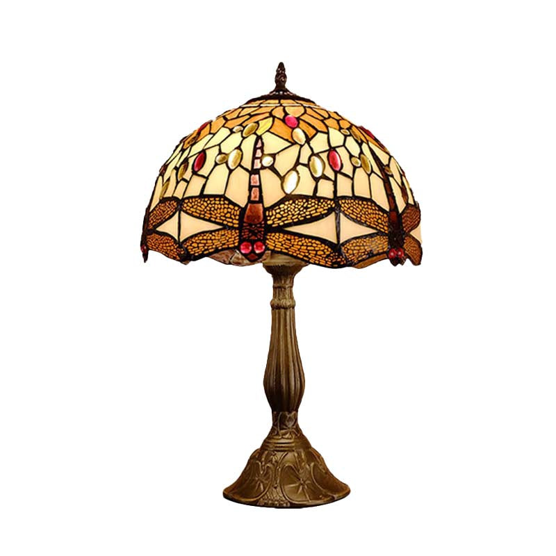 Mediterranean Bronze Dragonfly Nightstand Lamp With Hand Cut Glass - 1-Bulb Domed Design