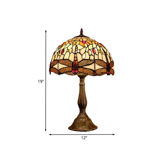 Mediterranean Bronze Dragonfly Nightstand Lamp With Hand Cut Glass - 1-Bulb Domed Design