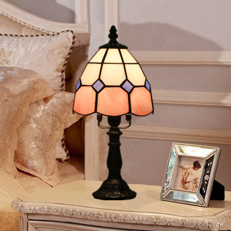 Tiffany Style Cut Glass Grid Dome Nightlight - 1 Light Red/Pink Nightstand Lamp For Bedside