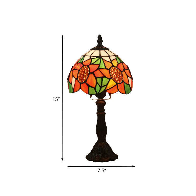 Mediterranean Bronze Sunflower Patterned Nightstand Light With Stained Glass Shade - 1 Bedroom Night