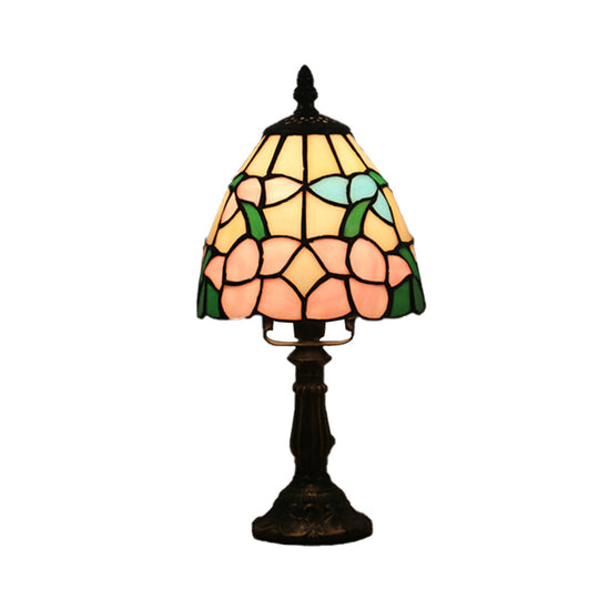 Dome-Shaped Baroque Style Nightstand Lamp - Stained Glass With Blossom Pattern In Red/Pink/Orange