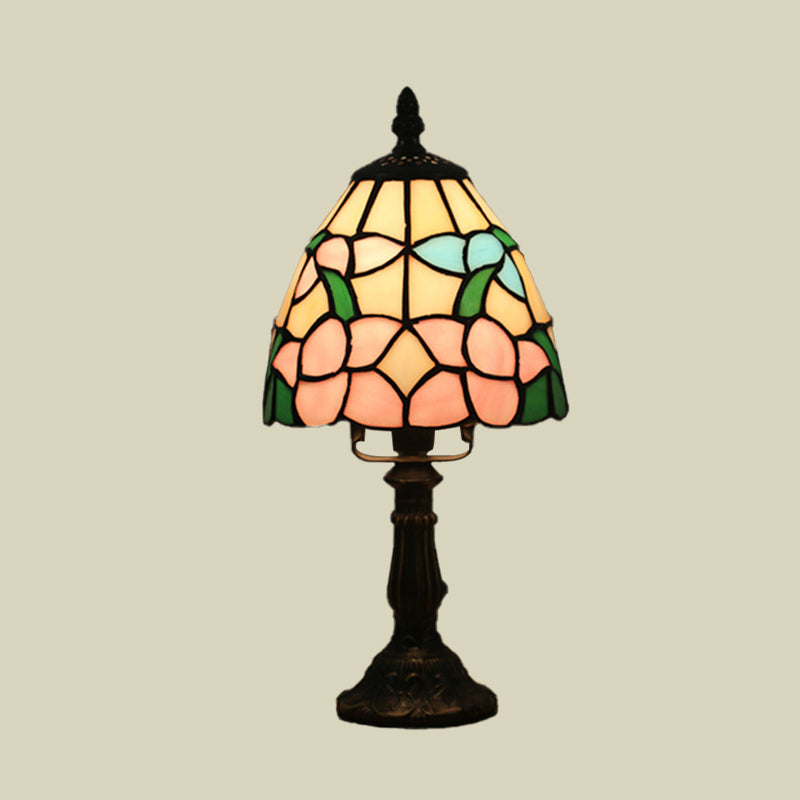 Dome-Shaped Baroque Style Nightstand Lamp - Stained Glass With Blossom Pattern In Red/Pink/Orange