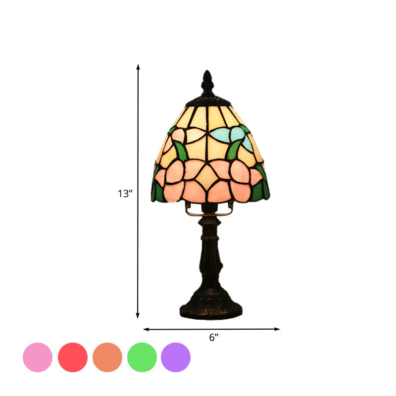 Dome-Shaped Baroque Style Nightstand Lamp - Stained Glass With Blossom Pattern In Red/Pink/Orange