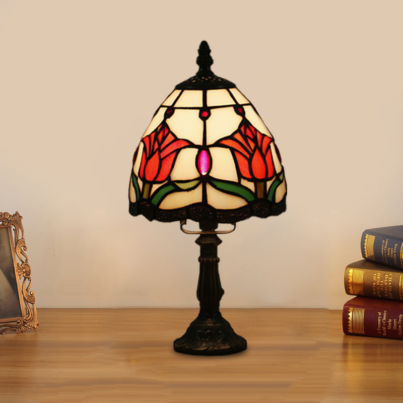 Dome-Shaped Baroque Style Nightstand Lamp - Stained Glass With Blossom Pattern In Red/Pink/Orange