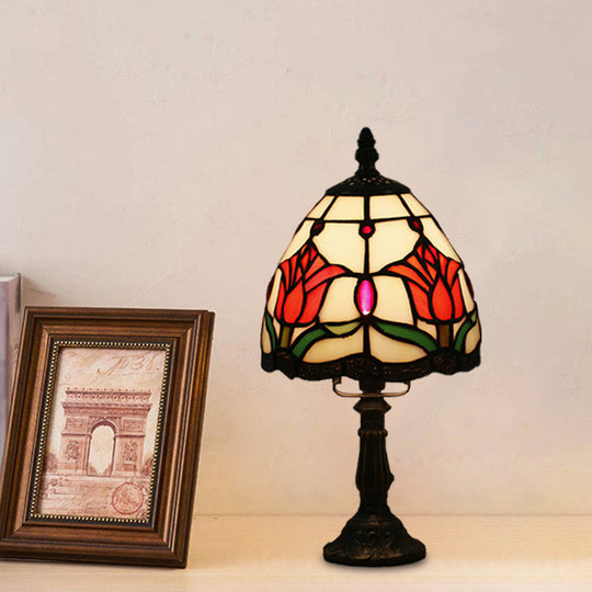 Dome-Shaped Baroque Style Nightstand Lamp - Stained Glass With Blossom Pattern In Red/Pink/Orange