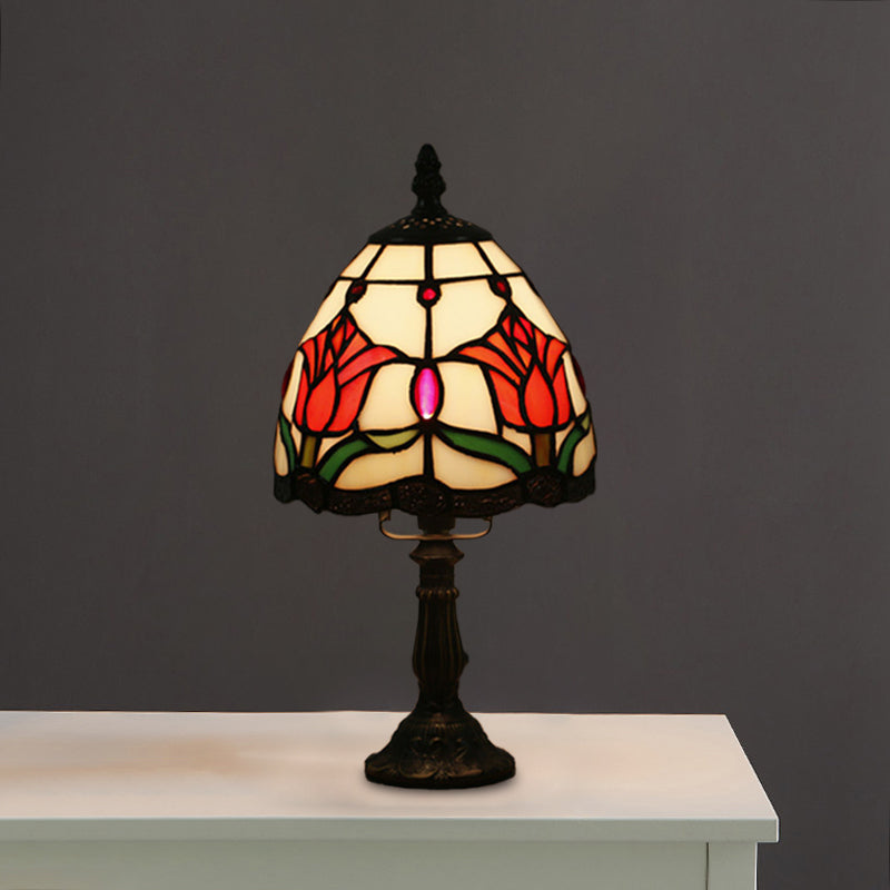 Dome-Shaped Baroque Style Nightstand Lamp - Stained Glass With Blossom Pattern In Red/Pink/Orange