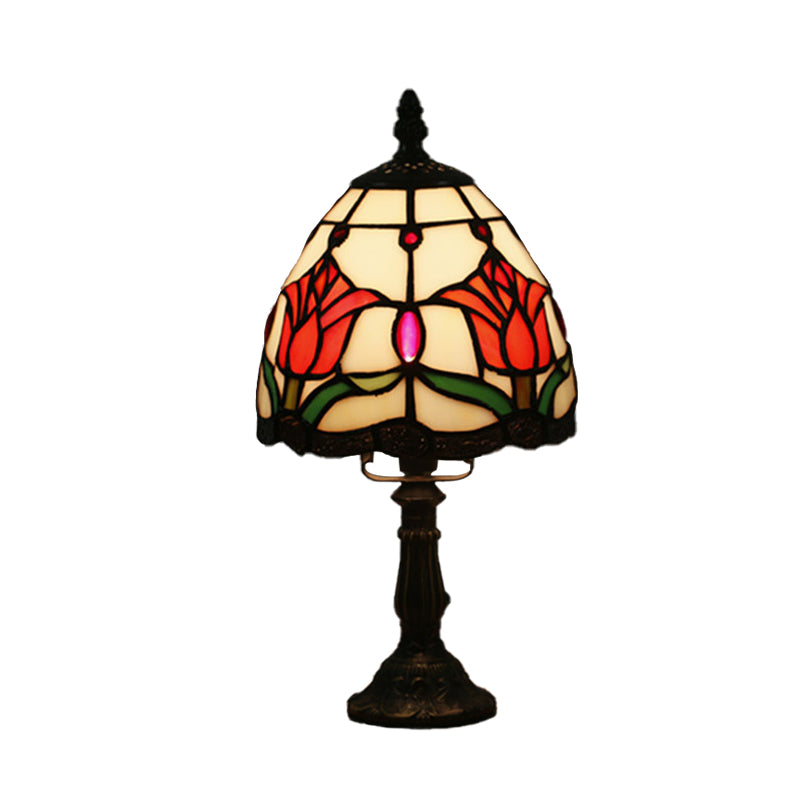 Dome-Shaped Baroque Style Nightstand Lamp - Stained Glass With Blossom Pattern In Red/Pink/Orange