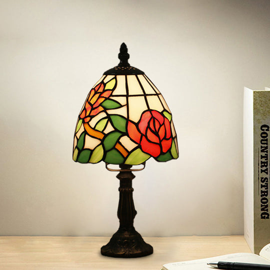 Dome-Shaped Baroque Style Nightstand Lamp - Stained Glass With Blossom Pattern In Red/Pink/Orange