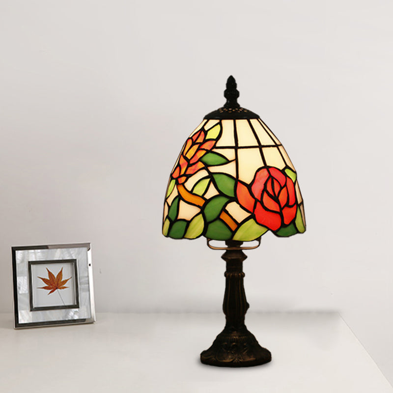 Dome-Shaped Baroque Style Nightstand Lamp - Stained Glass With Blossom Pattern In Red/Pink/Orange