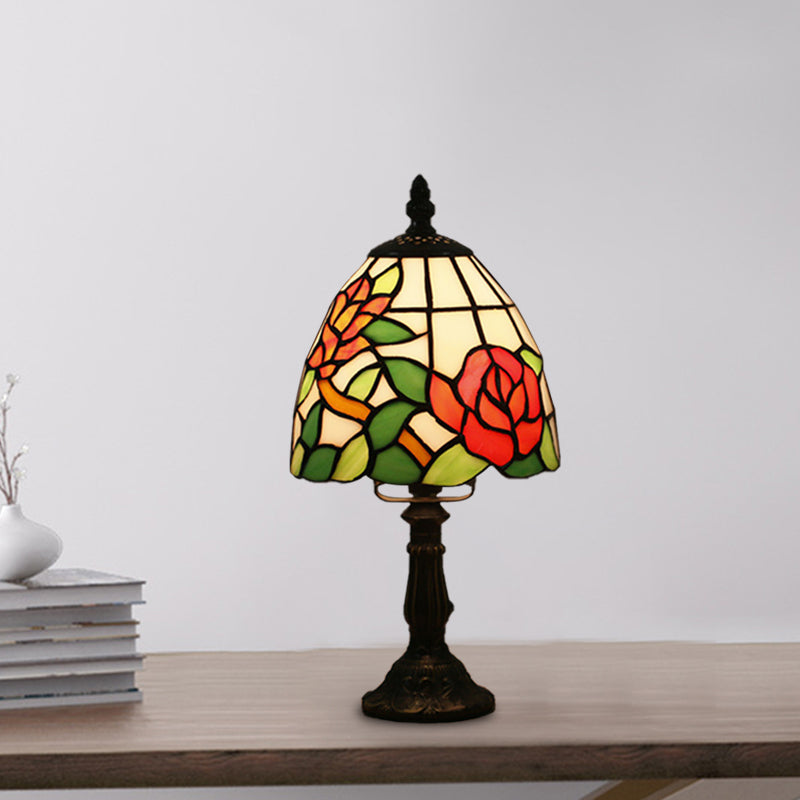 Dome-Shaped Baroque Style Nightstand Lamp - Stained Glass With Blossom Pattern In Red/Pink/Orange