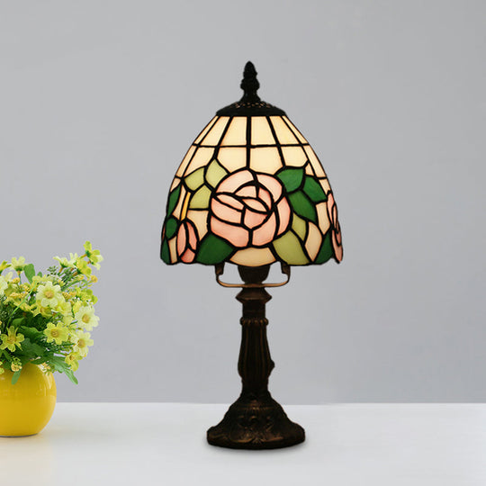 Dome-Shaped Baroque Style Nightstand Lamp - Stained Glass With Blossom Pattern In Red/Pink/Orange